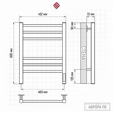 Аврора П6 400х600 электро КС ГРАФИТ Полотенцесушитель TERMINUS Ачинск - фото 3